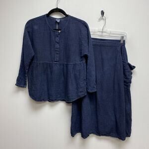 Lintico Blue 2 Pc Set Linen Blend Waffle Knit Peplum Top Pull On Midi Skirt S